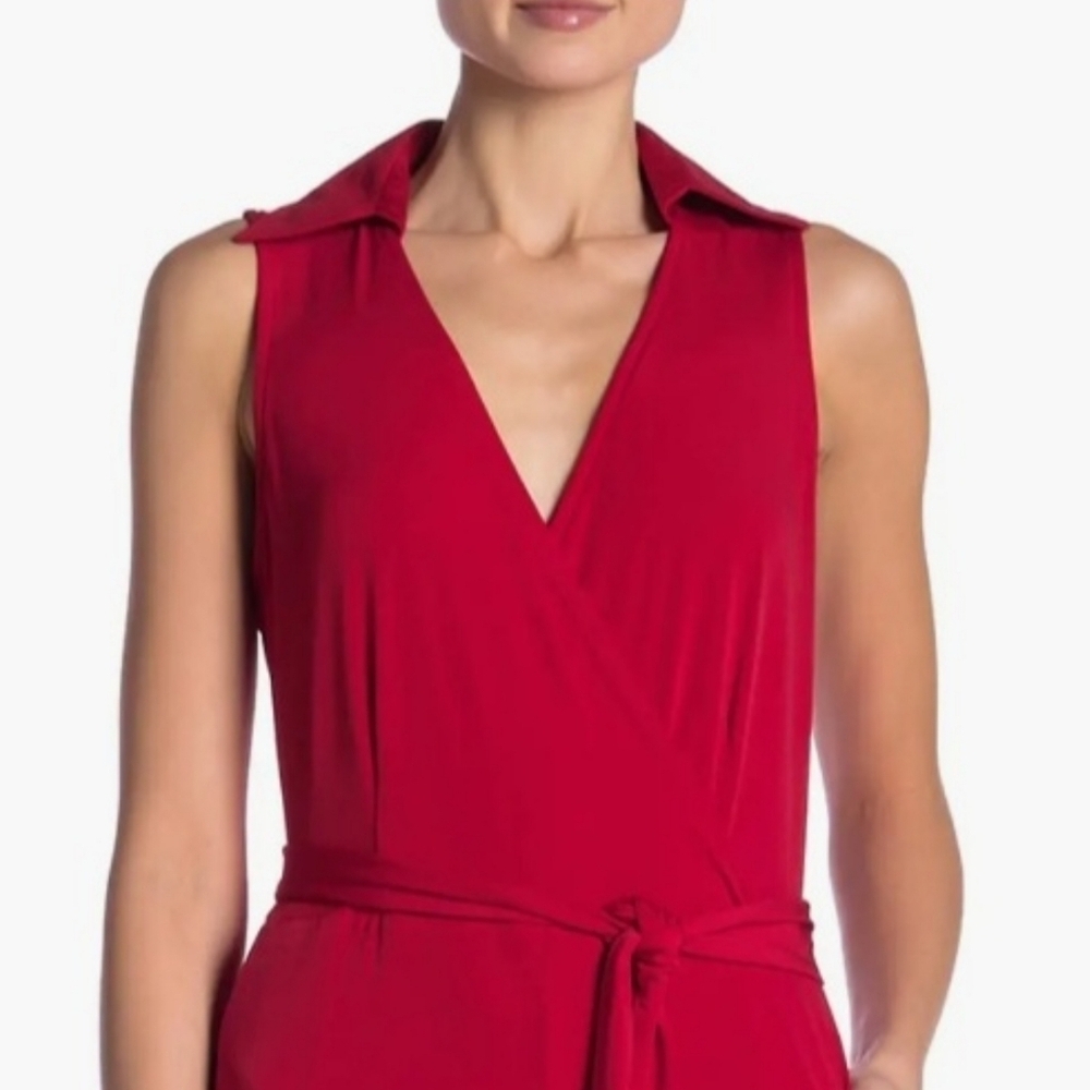 Sz XL NWT Nina Leopard Red Chic Sleevless Jumpsuit Collared Surplus Neck
